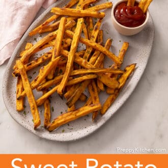 sweet potato fries on a ceramic platter