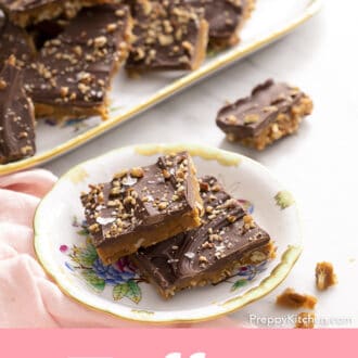 2 pieces of toffee on a floral plate