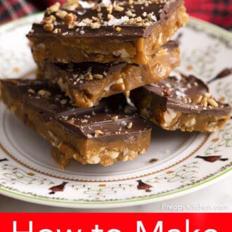 4 pieces of toffee stacked on a christmas plate