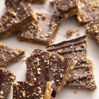 several pieces of toffee scattered on a counter