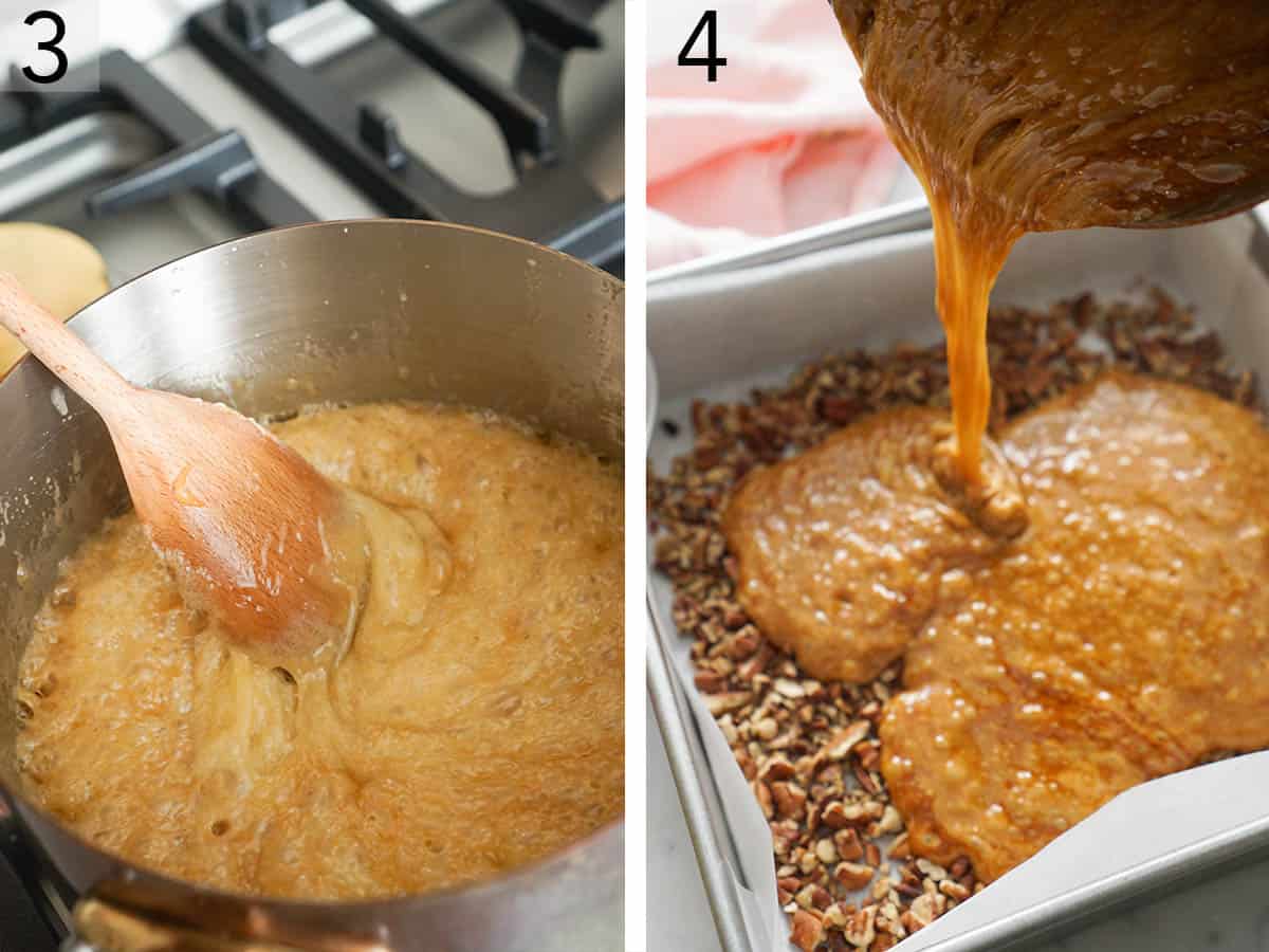 Toffee getting cooked in a copper pot then poured into a square dish.