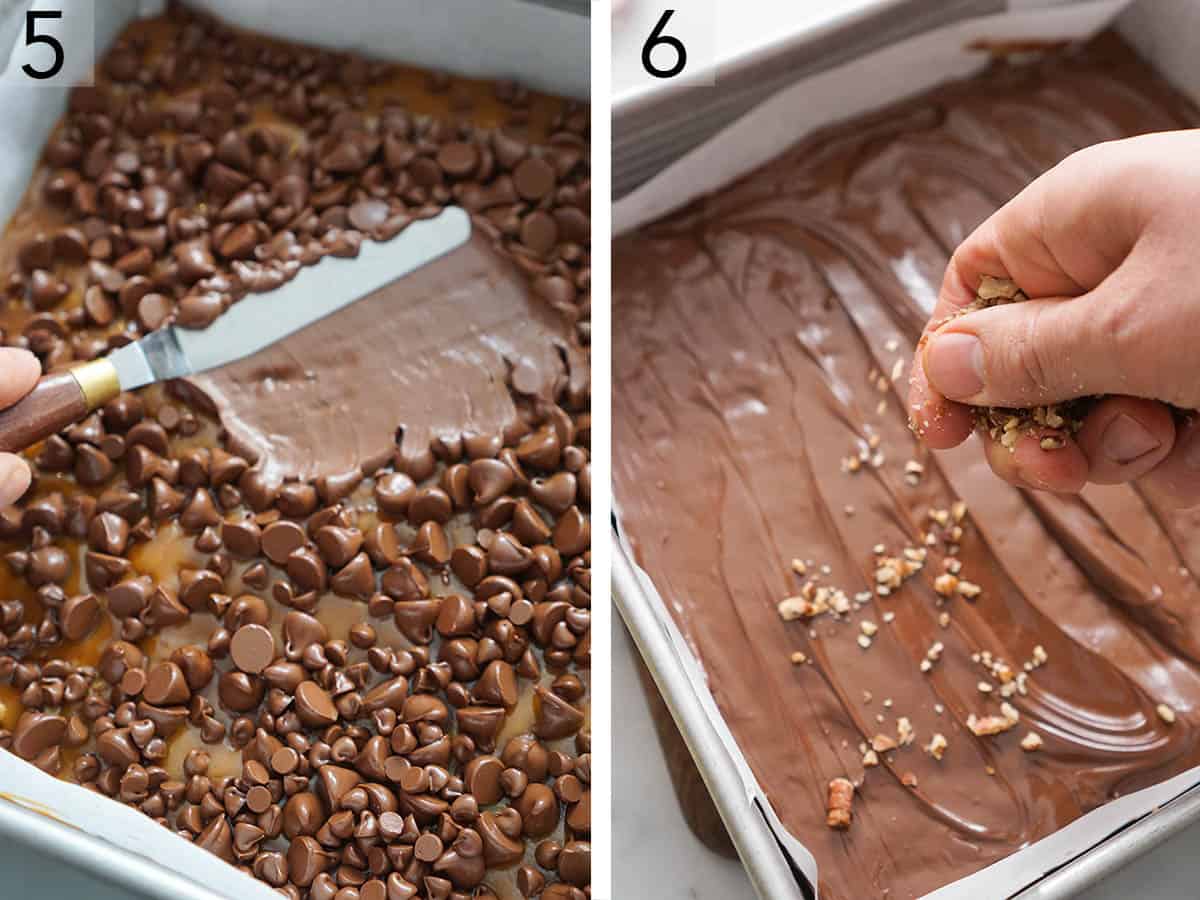 Chocolate chips melting on top of a toffee base.