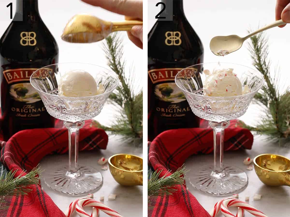 Two photos showing ice cream and crushed candy cane getting added to a glass.