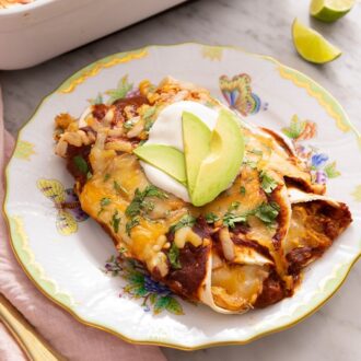 Two chicken enchiladas on a plate with sour cream and sliced avocados.