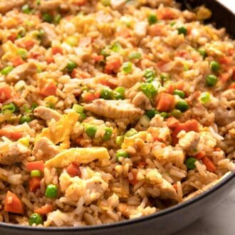 Close up view of chicken fried rice.