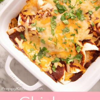 Pinterest graphic showing a casserole dish with enchiladas.