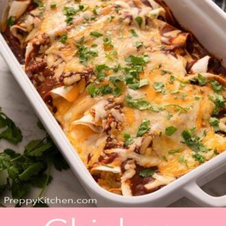Pinterest graphic showing baked enchiladas topped with cilantro.