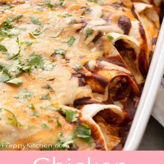Pinterest graphic showing a close-up of chicken enchiladas in a baking dish.