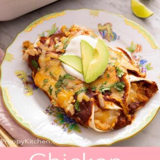 Pinterest graphic showing enchiladas on a patterned plate.