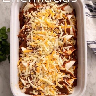 Pinterest graphic showing an overhead shot of chicken enchiladas in a casserole dish.