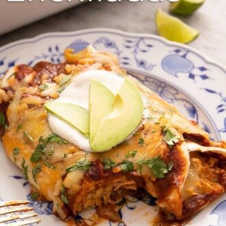 Pinterest graphic showing a close-up of chicken enchiladas on a blue and white plate.
