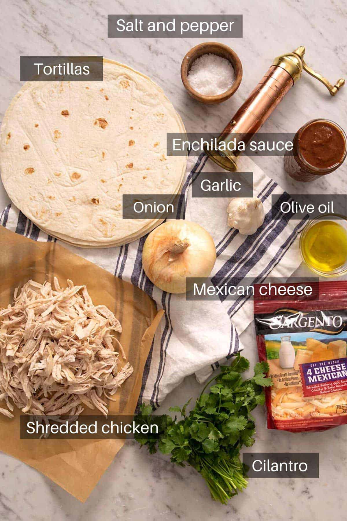 Ingredients needed to make chicken enchiladas.
