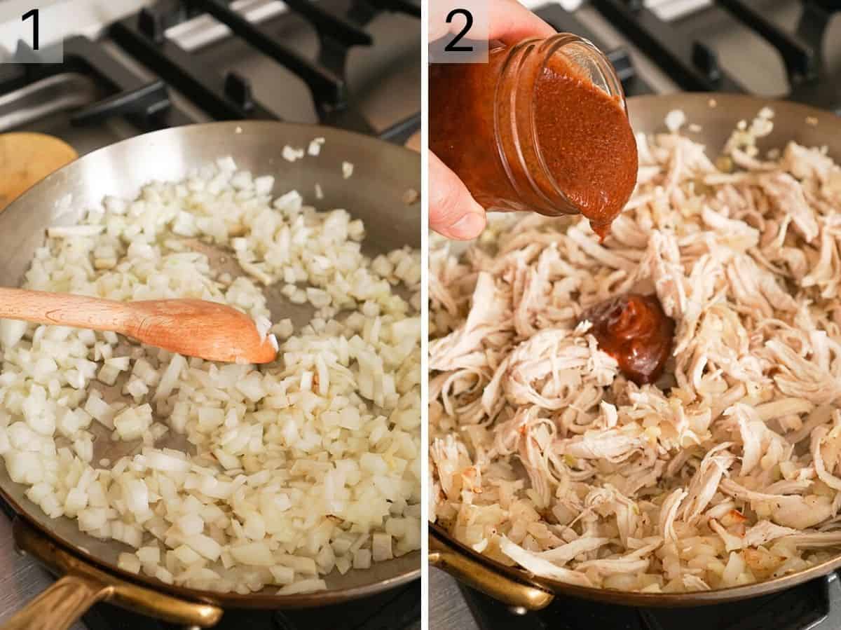 Set of two photos showing onions cooked in a skillet and chicken and enchilada sauce added.