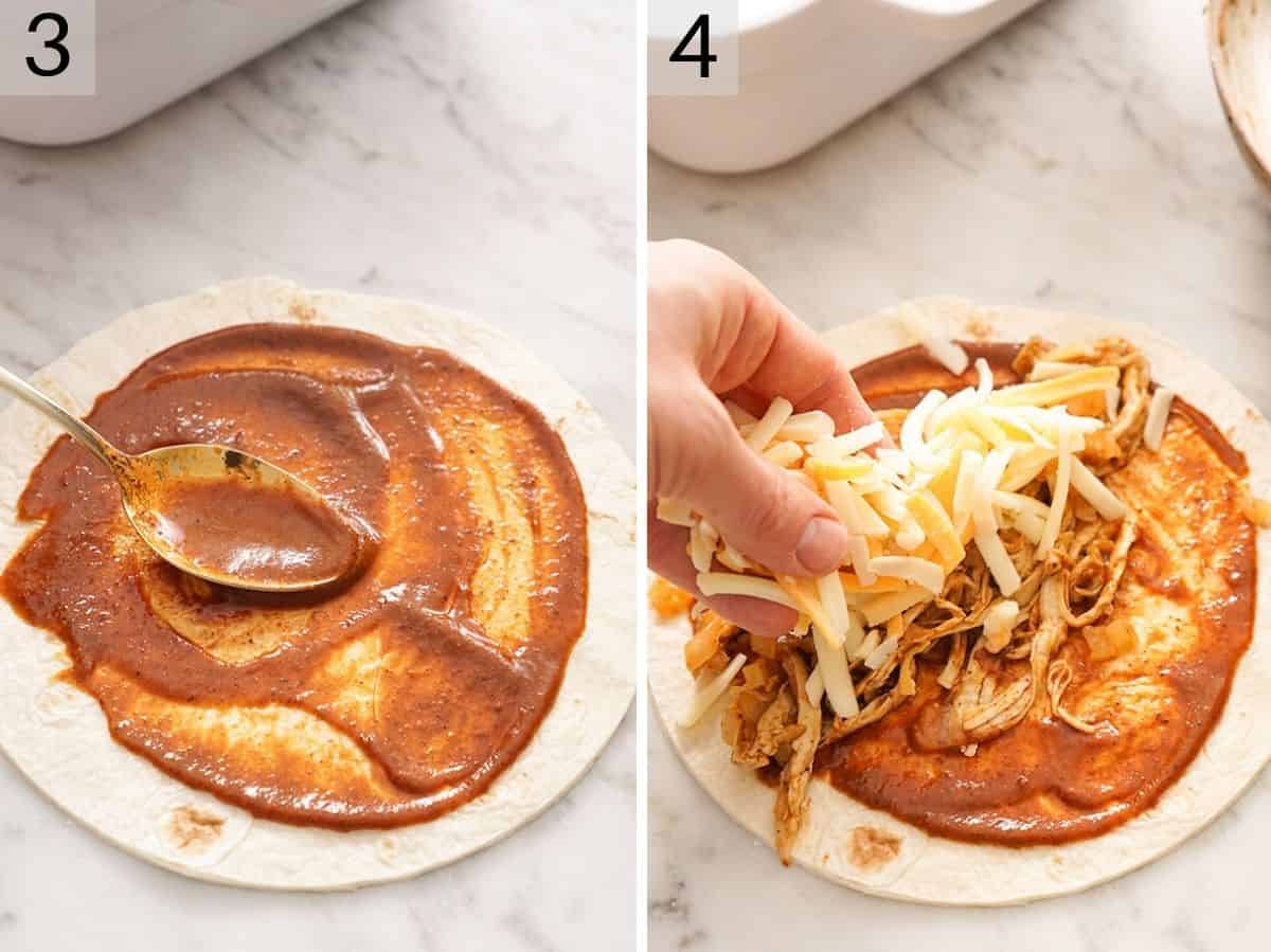 Set of two photos showing how to assemble a chicken enchilada with enchilada sauce, shredded chicken, and cheese.