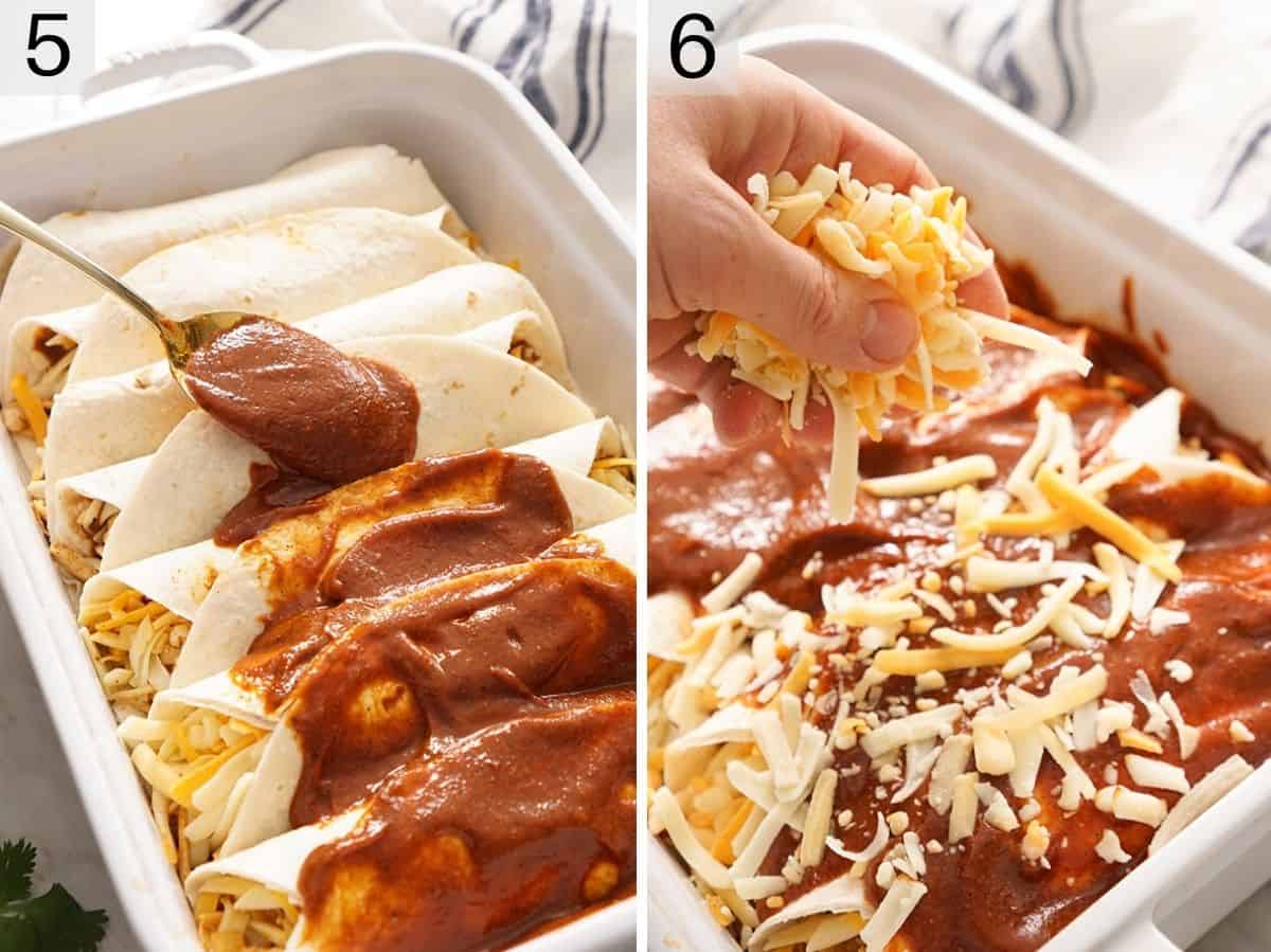 Set of two photos showing enchilada sauce spooned over stuffed flour tortillas in a casserole dish, and cheese sprinkled on top.
