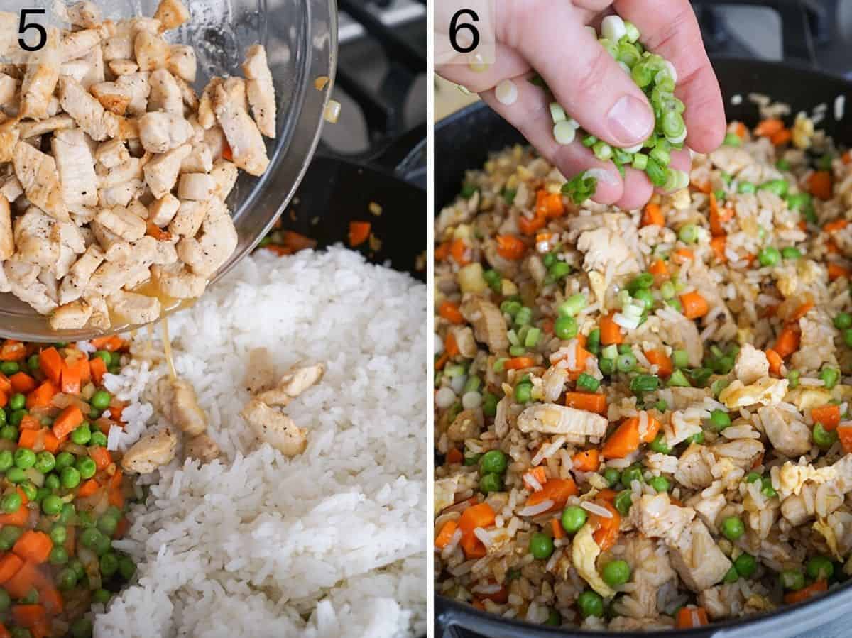 Two photos showing how to make chicken fried rice