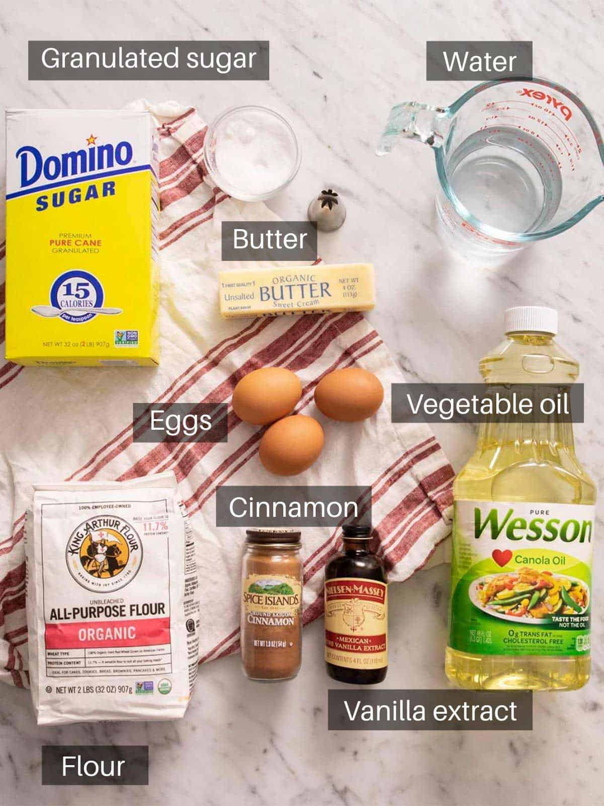 An overhead shot of all the ingredients you need to make churros