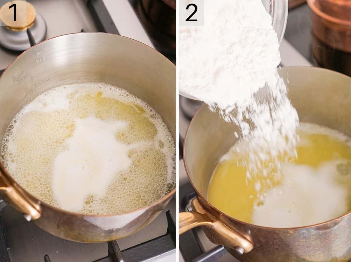 Step by step photos showing how to add flour to a hot butter mixture