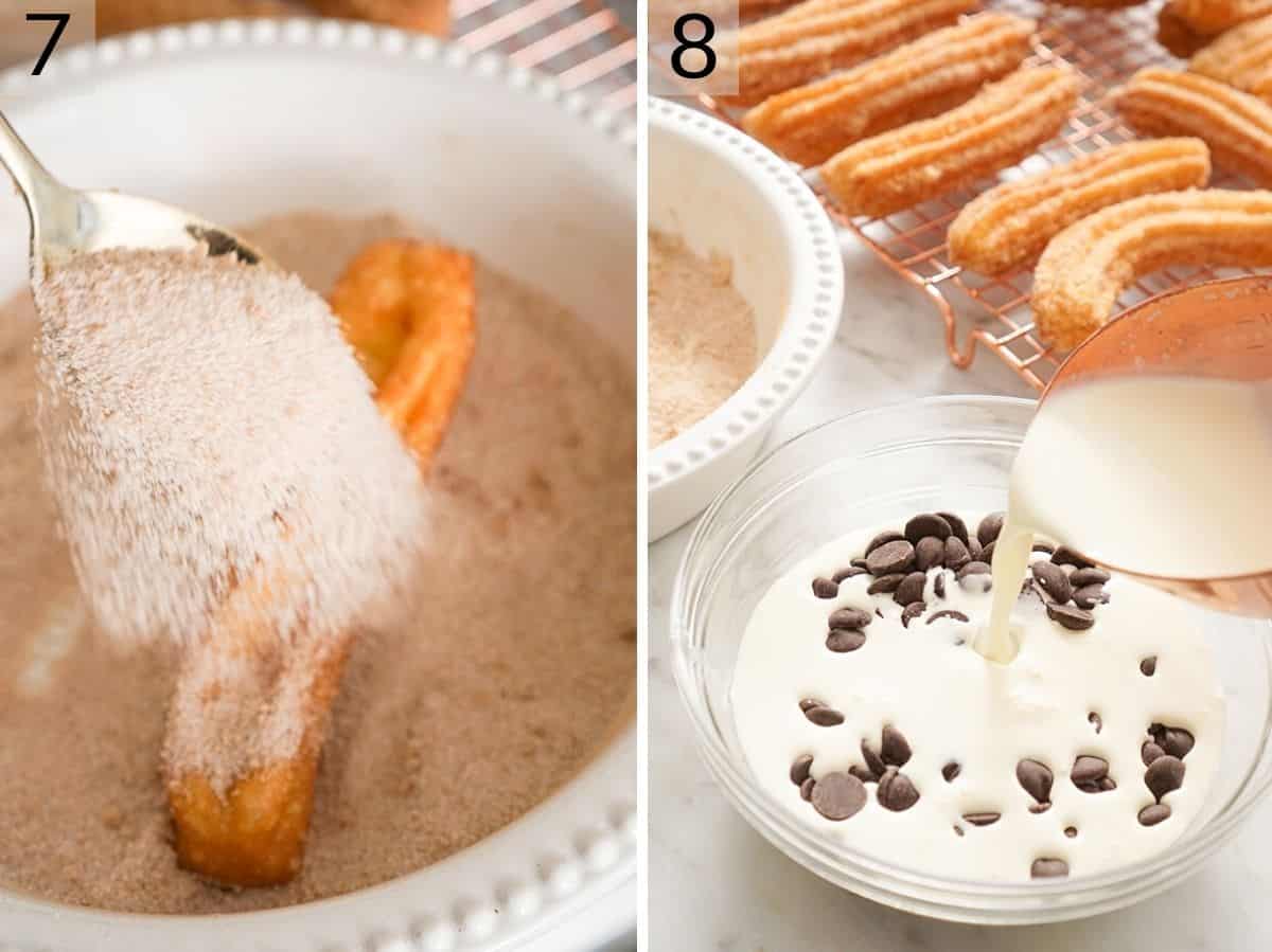 step by step photos showing how to roll churros in sugar and make a chocolate dip