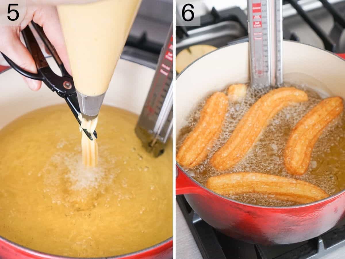 step by step photos showing how to fry churros