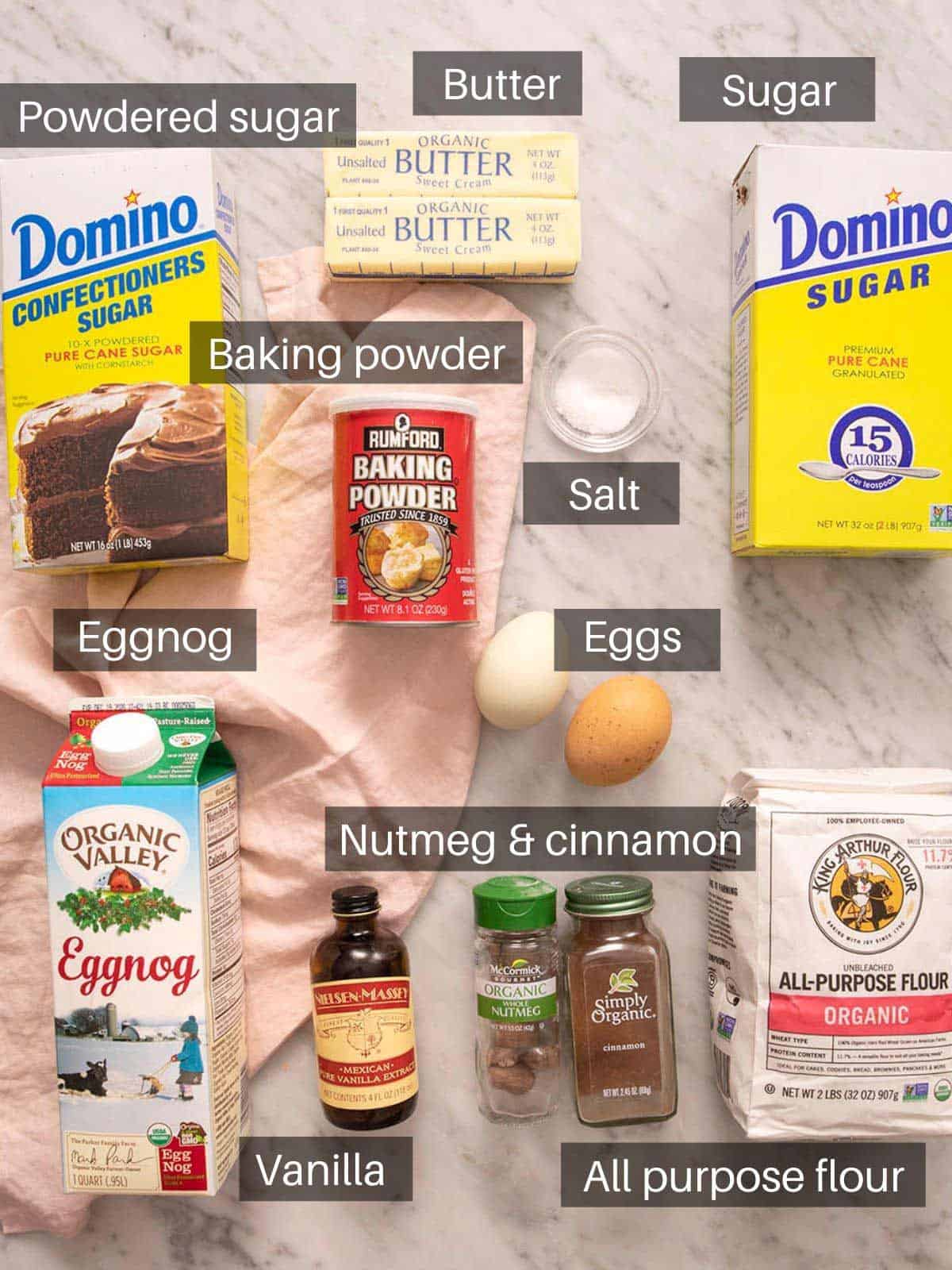 A photos of all the ingredients you need to make eggnog cookies