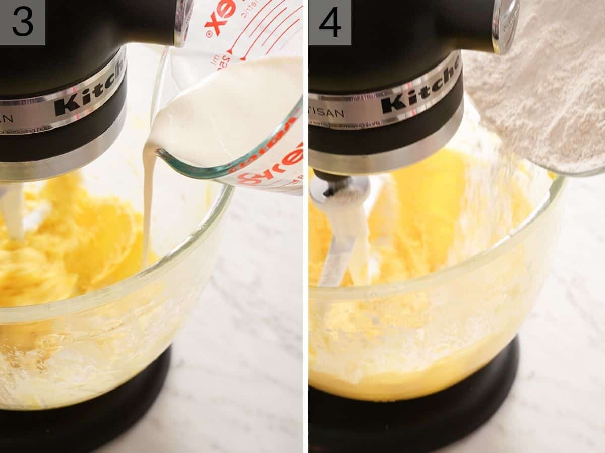 Two photos showing how to make eggnog cookie batter