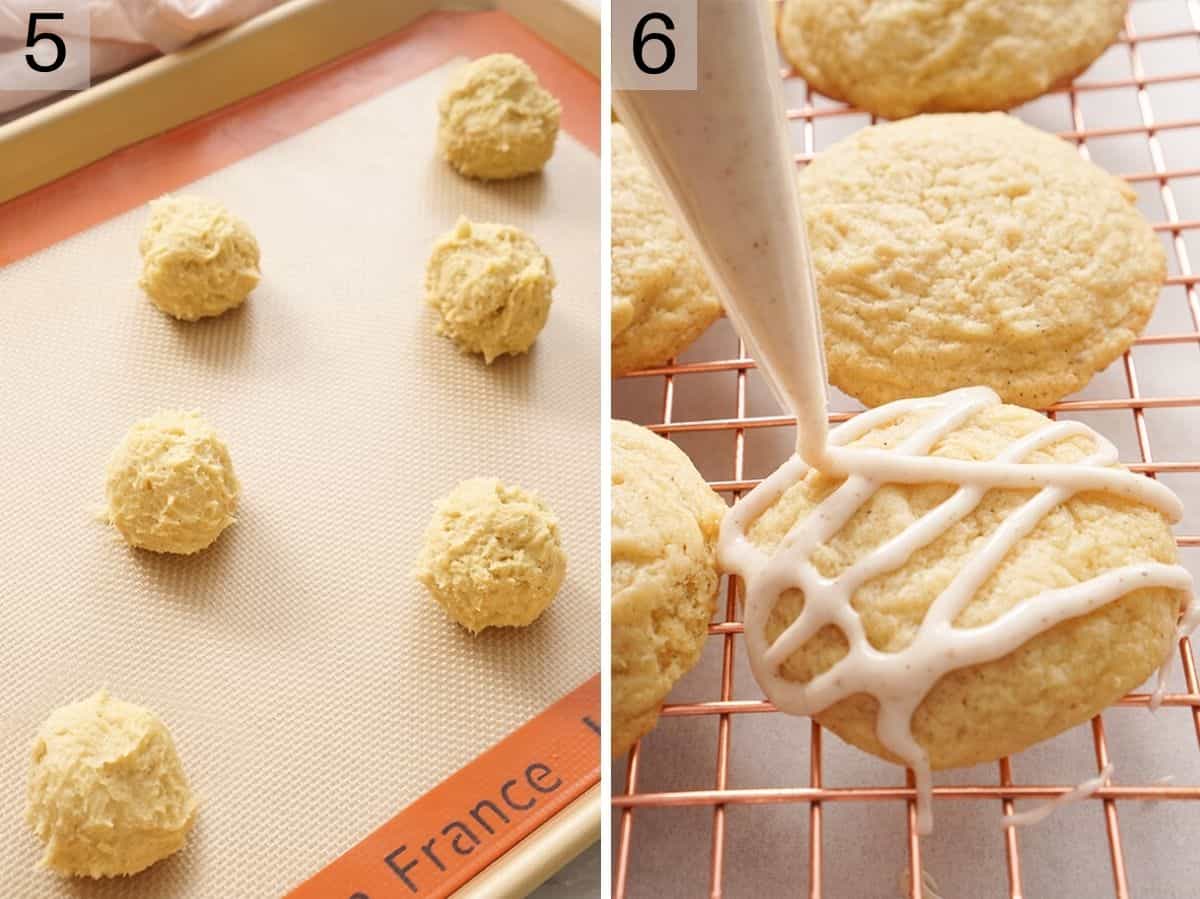 Two photos showing eggnog cookies before and after baking