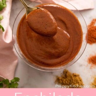 Pinterest graphic showing an overhead shot of enchilada sauce.