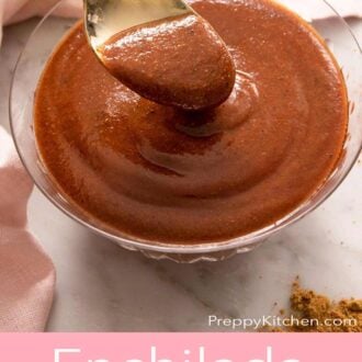 Pinterest graphic showing enchilada sauce in a bowl with a gold spoon dipped in.