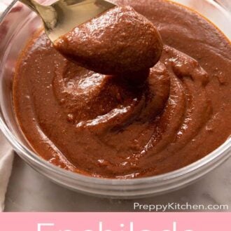 Pinterest graphic showing a close-up of homemade red sauce for enchiladas.