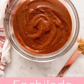 Pinterest graphic showing an overhead shot of homemade red sauce for enchiladas.