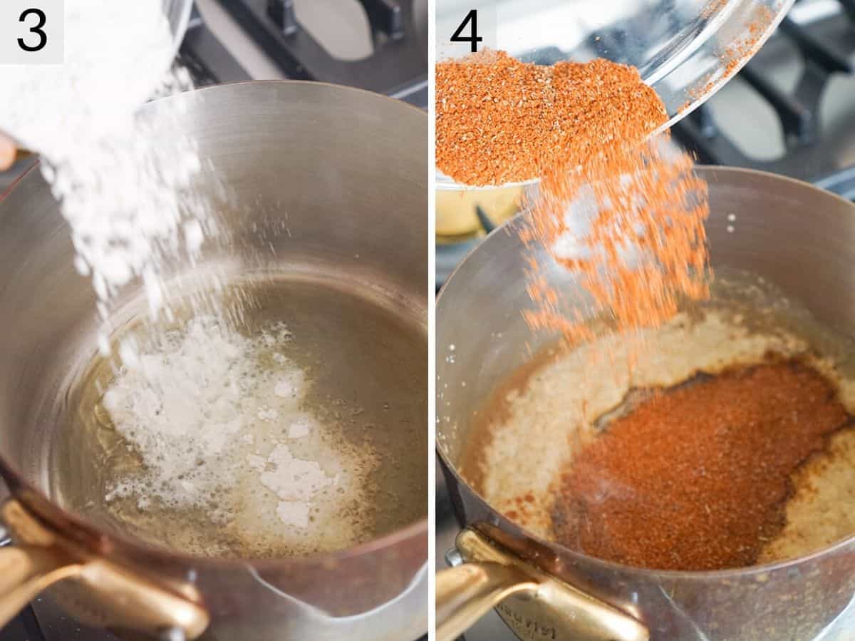 Two photos showing how to make enchilada sauce