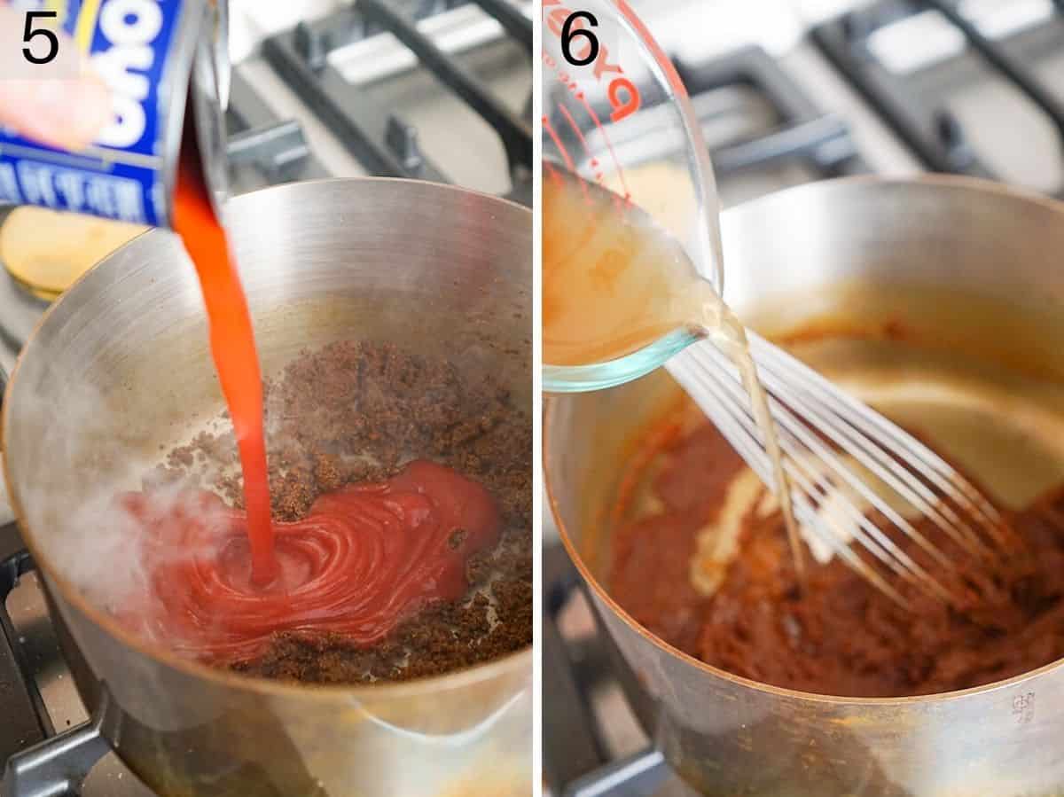 Two photos showing how to add tomato and stock to enchilada sauce
