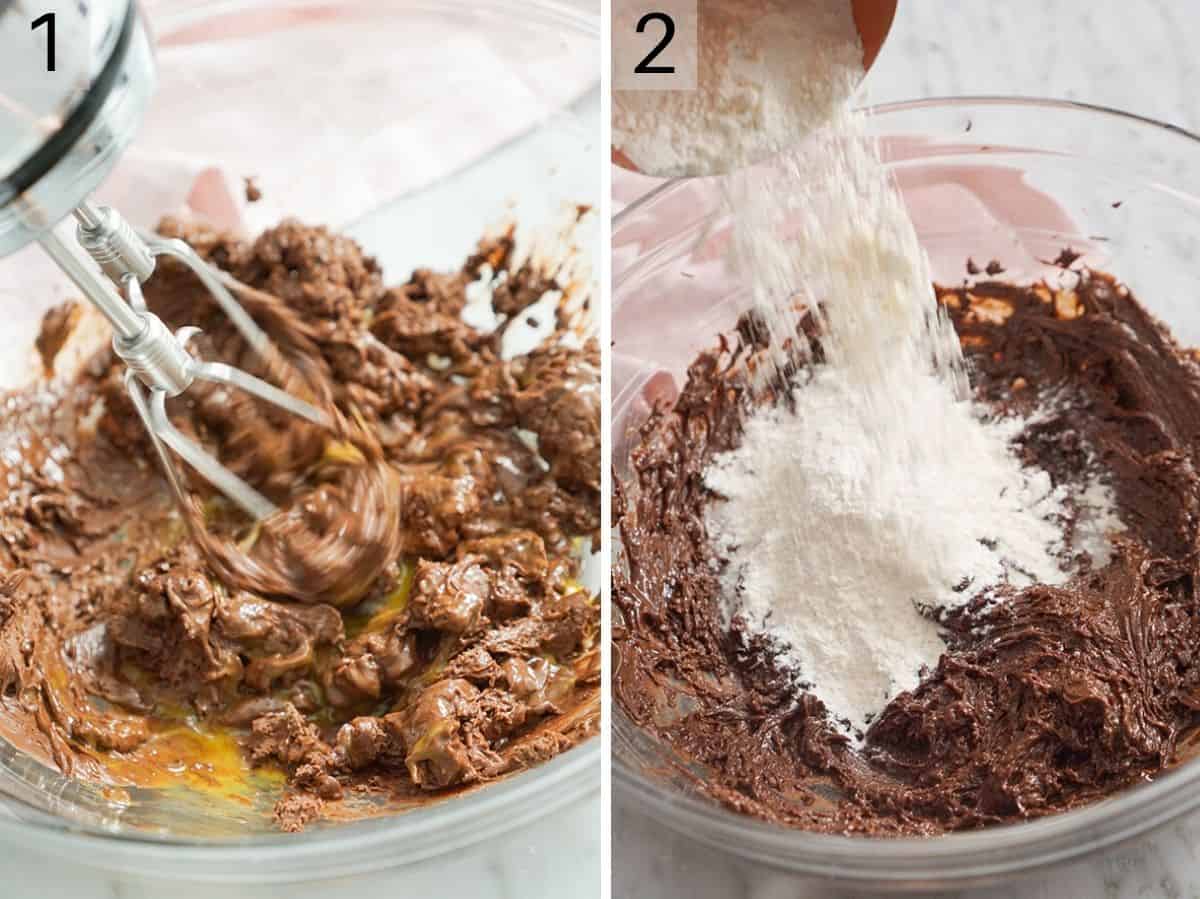 Two photos showing how to make chocolate cookie batter
