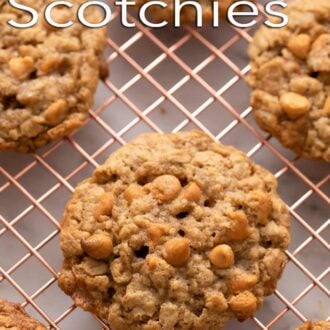 Pinterest graphic of oatmeal scotchies on a wire rack.