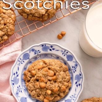 Pinterest graphic of an oatmeal scotchie on a plate with more on a cooling rack next to it.