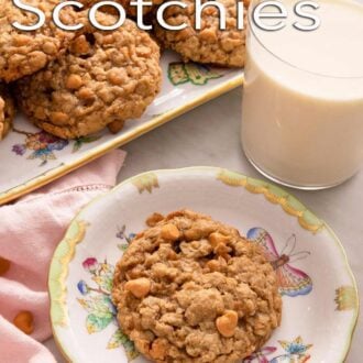 Pinterest graphic of an oatmeal scotchie on a plate with more oatmeal scotchies on a platter behind it.