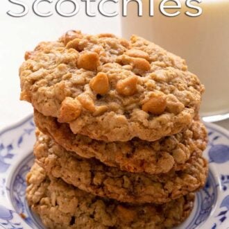Pinterest graphic of a stack of oatmeal scotchies on a plate.