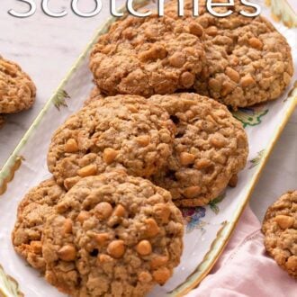 Pinterest graphic of oatmeal scotchies on a platter.