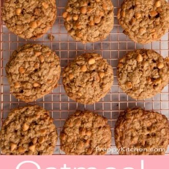 Pinterest graphic of an overhead shot of oatmeal scotchies on a wire cooling rack.