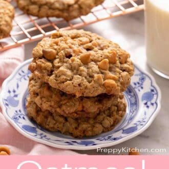 Pinterest graphic of oatmeal scotchies on a plate next to a glass of milk.