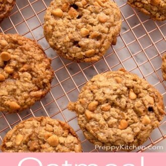 Pinterest graphic of oatmeal scotchies on a wire rack.