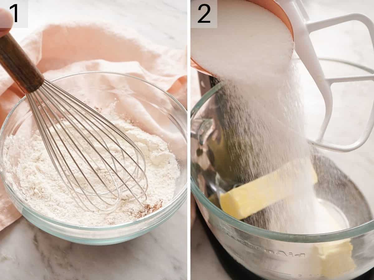 Two photos showing how to cream butter and sugar and mix dry ingredients in a bowl.