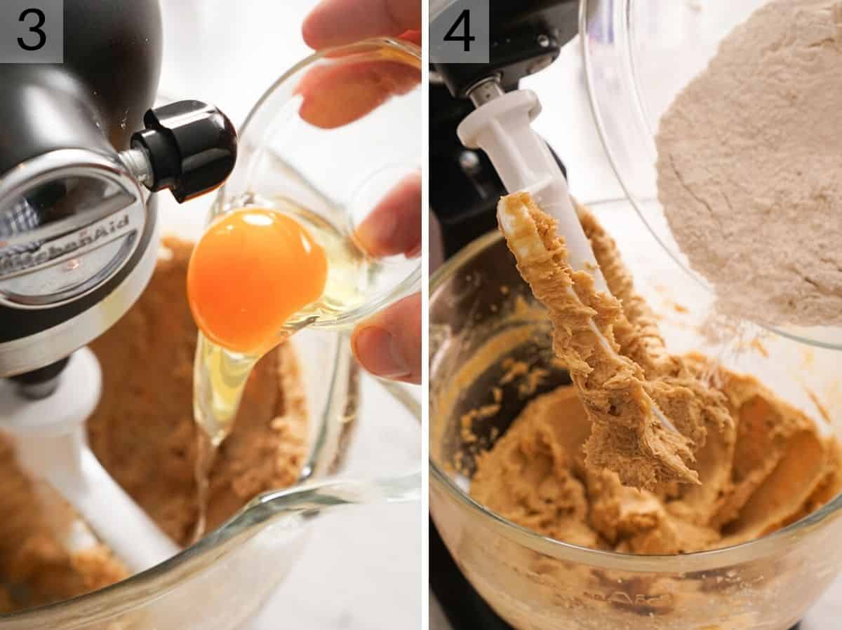 Two photos showing egg added to mixture and then dry ingredients added.