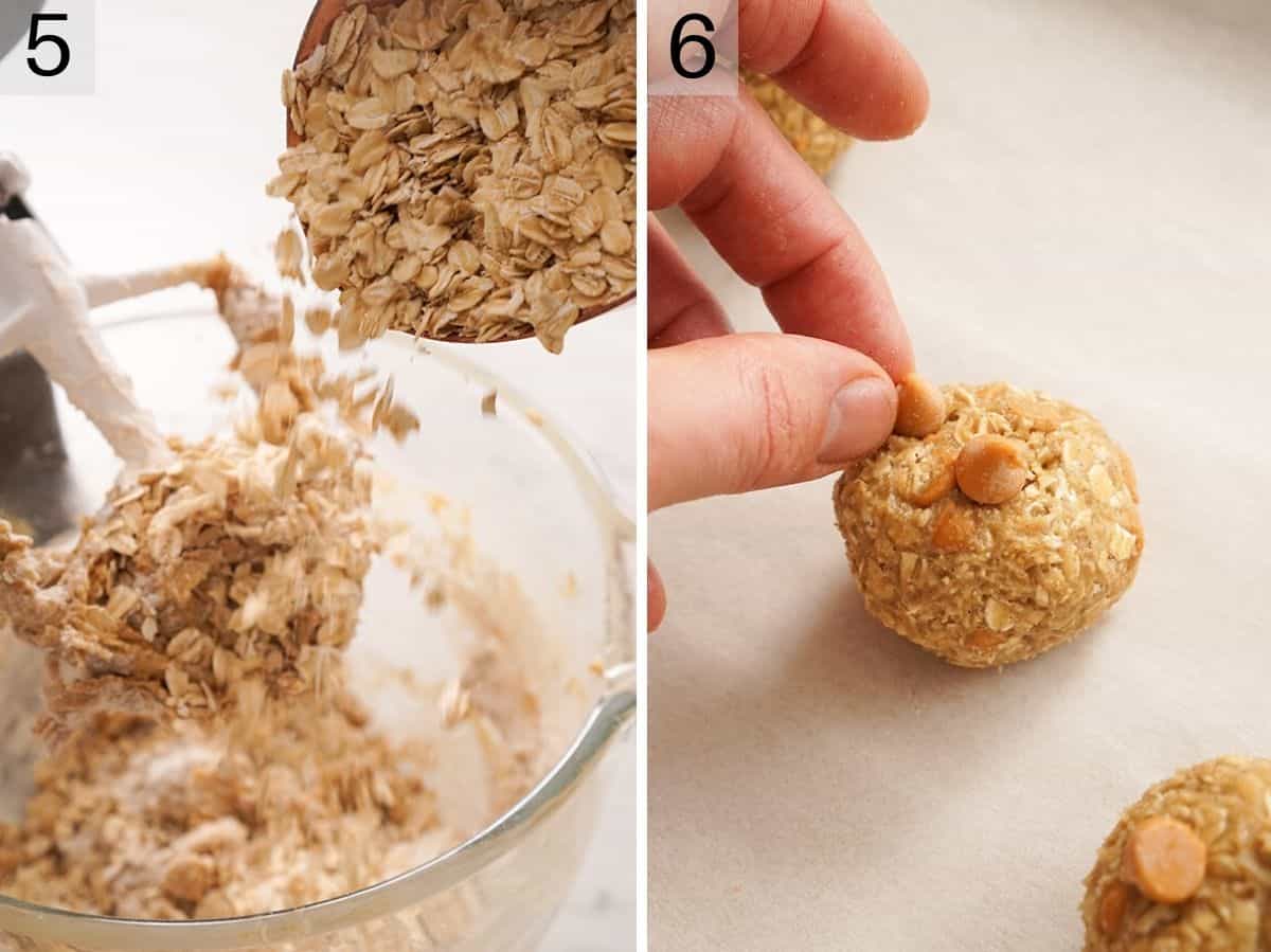 Two photos showing oats added to mixer and butterscotch chips pressed into a cookie dough ball.