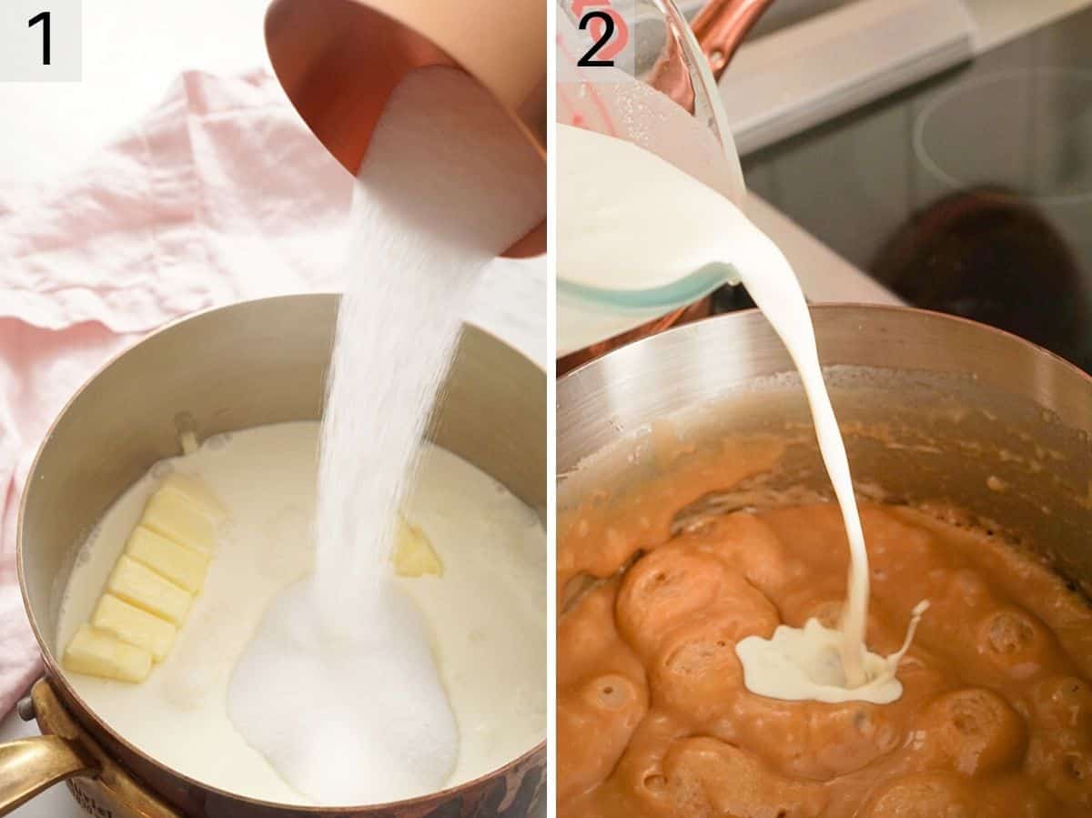 Two photos showing how to make toffee sauce