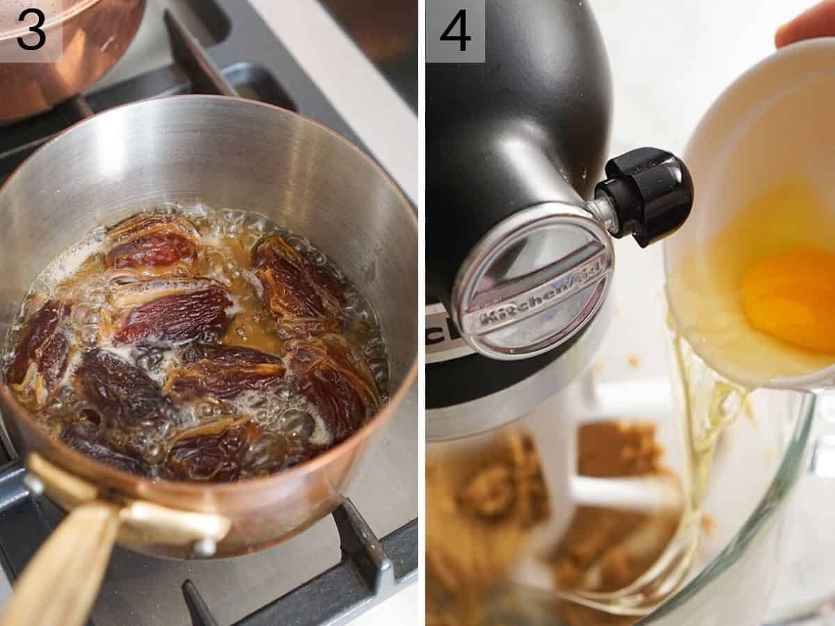 Two photos showing how to make a sticky toffee pudding batter with dates