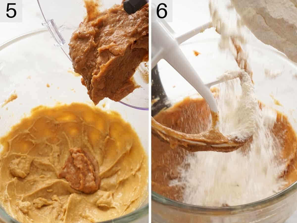 Two photos showing how to whip a cake batter using a stand mixer