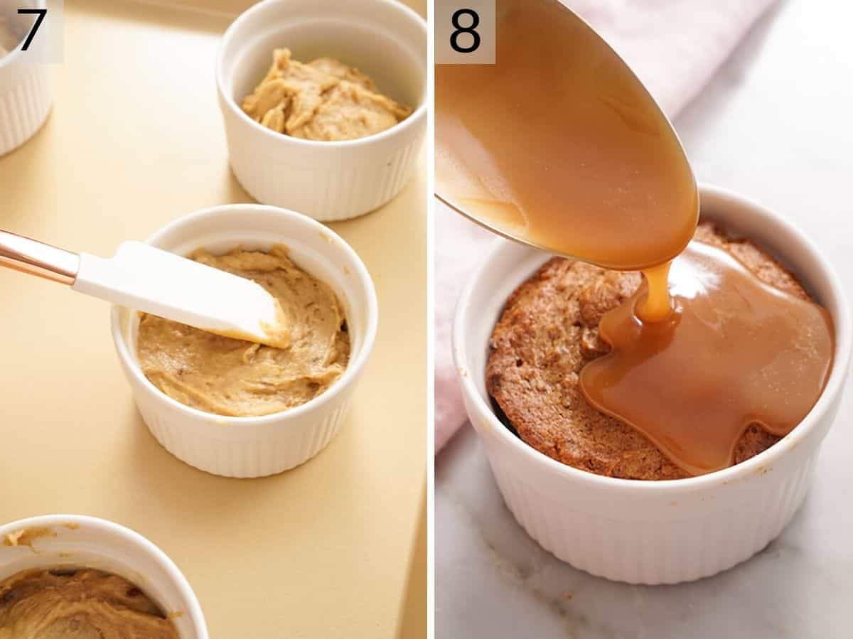 Two photos showing sticky toffee pudding before and after baking