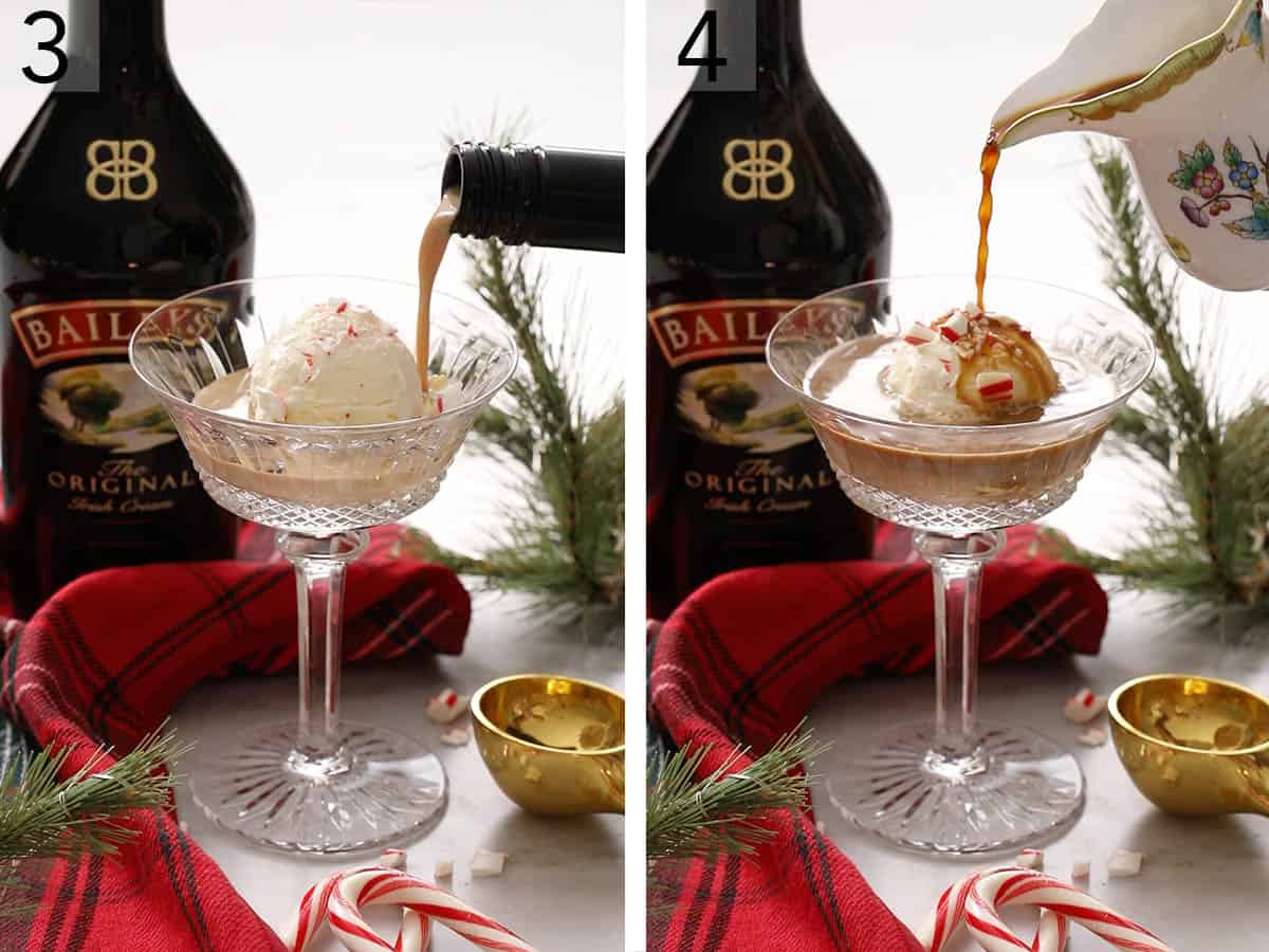 Two photos showing an affogato getting made with Baileys and espresso.